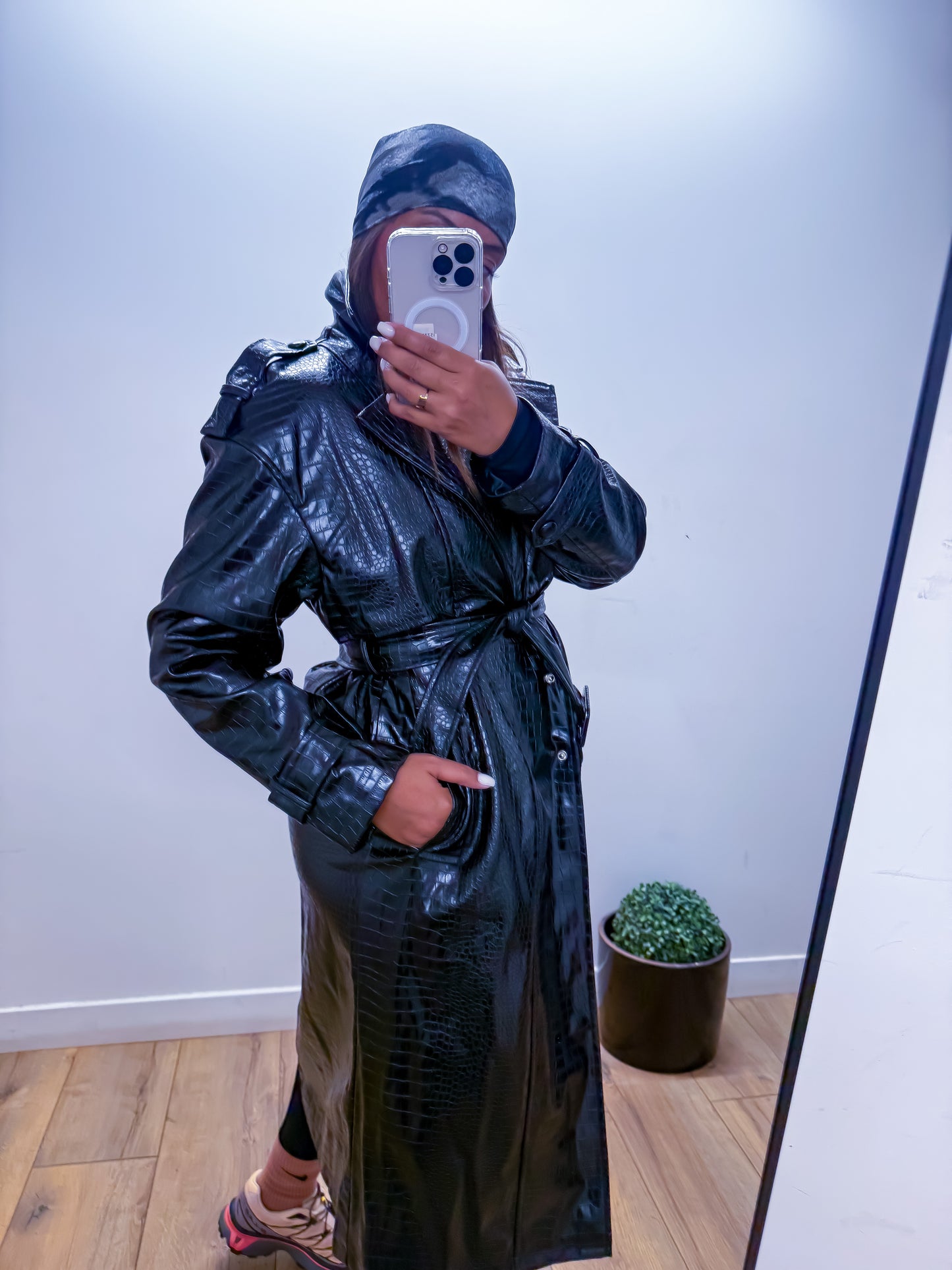 Trench Long Python Ciré Noir -