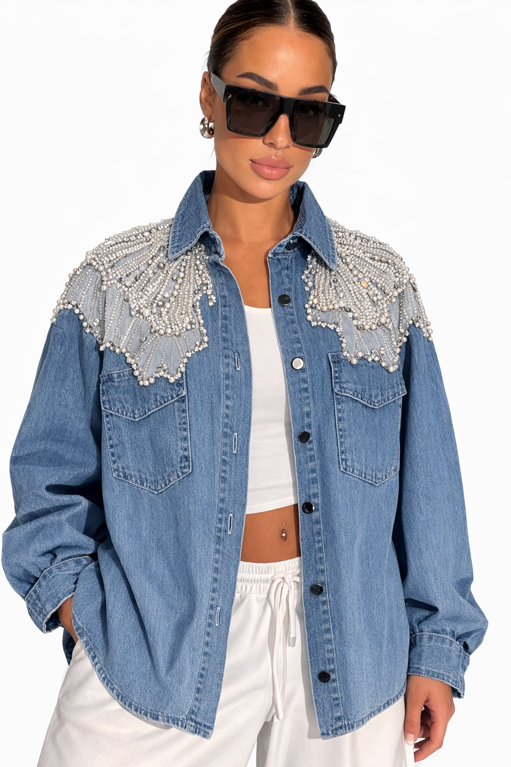 SAPHIR — Chemise Denim Bleu Strass Western