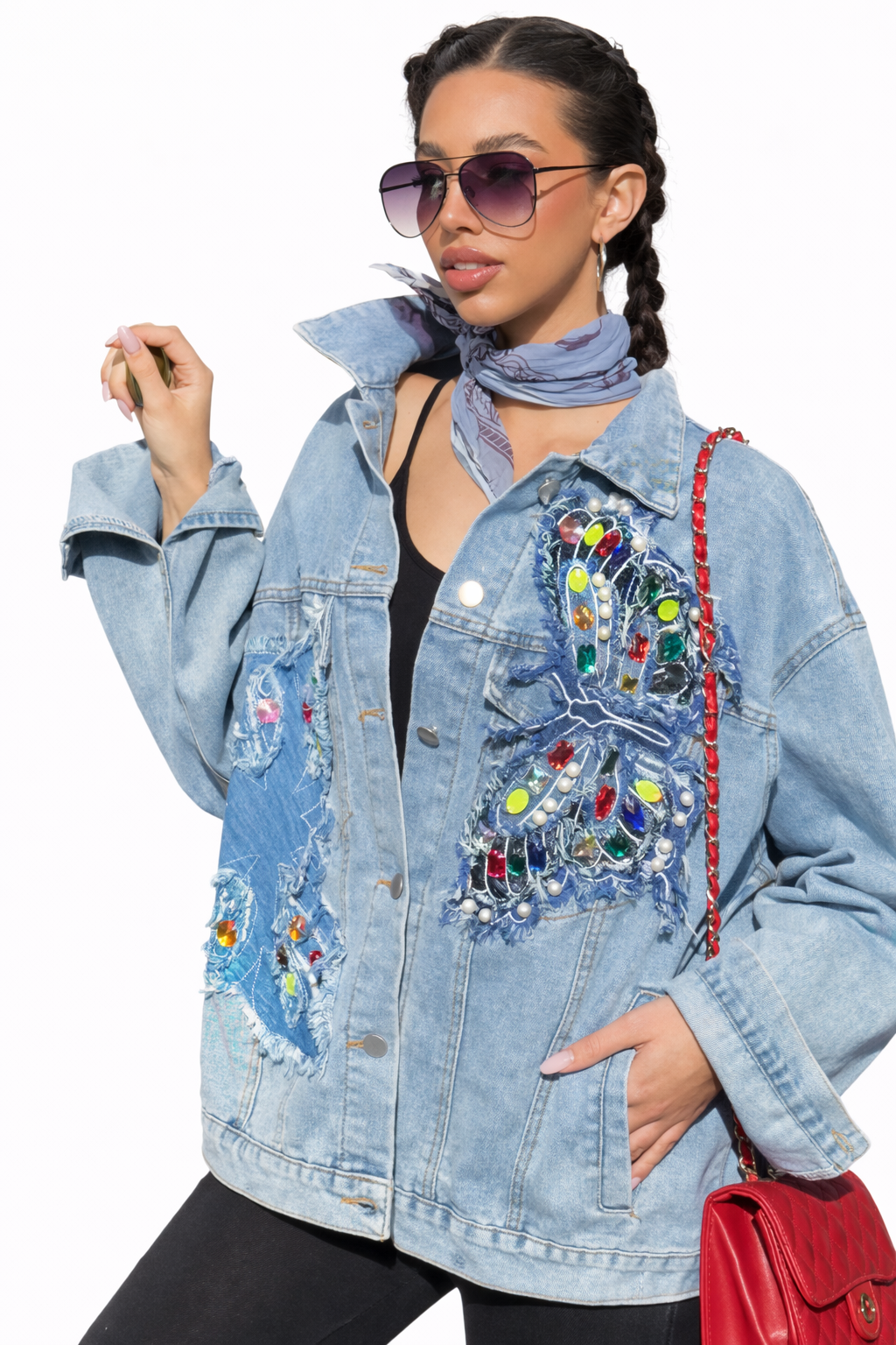 Veste Jean Bleu Clair Broderies Strass Multicolores