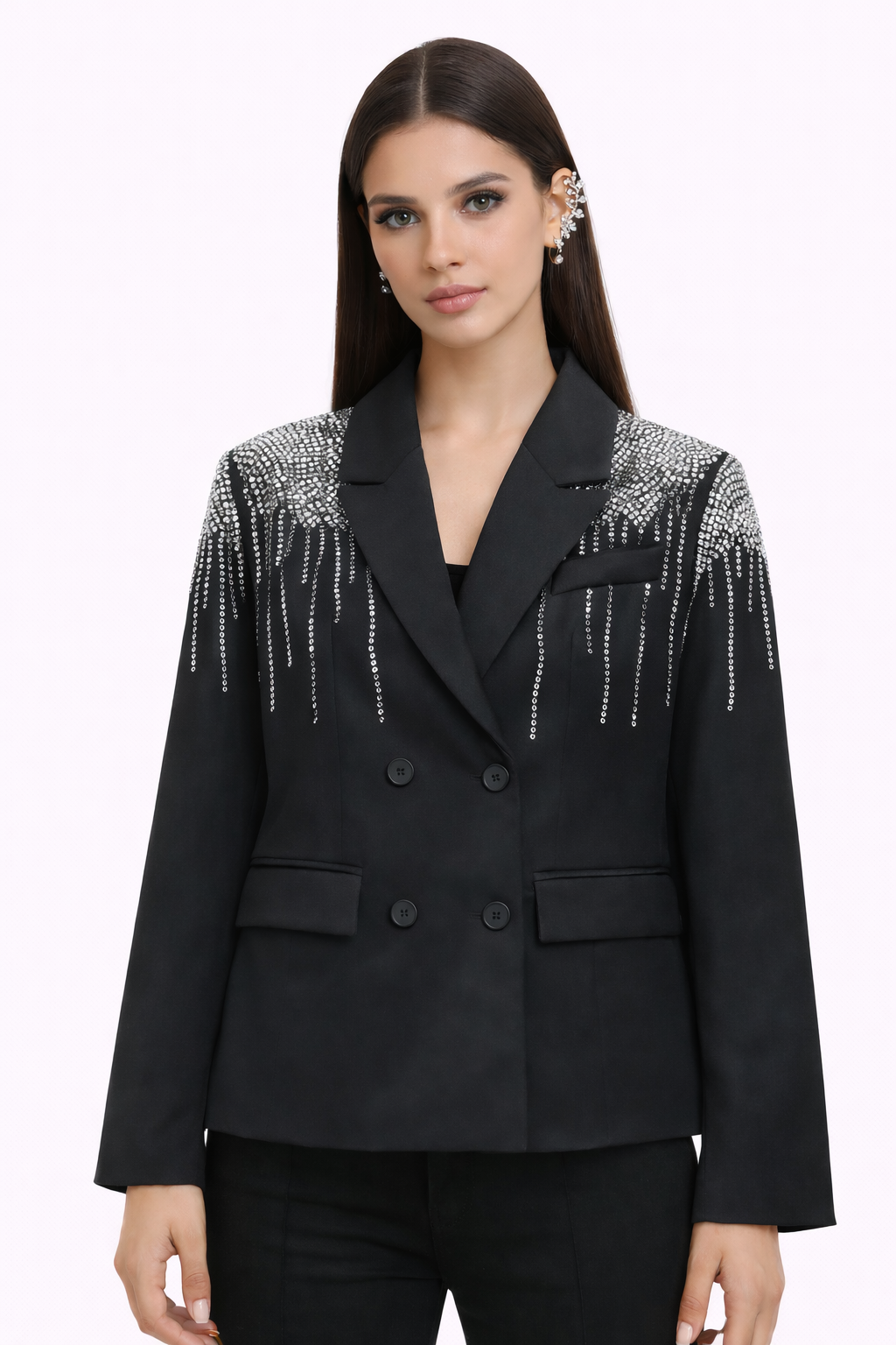 ECLIPSE — Blazer Noir Strass Franges