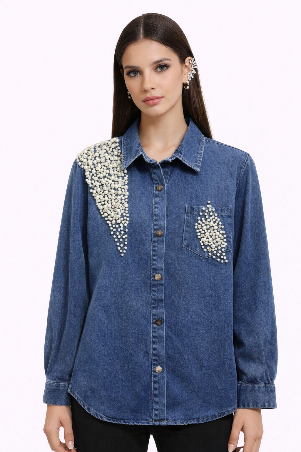 CRISTAL — Chemise Denim Perles Asymétriques