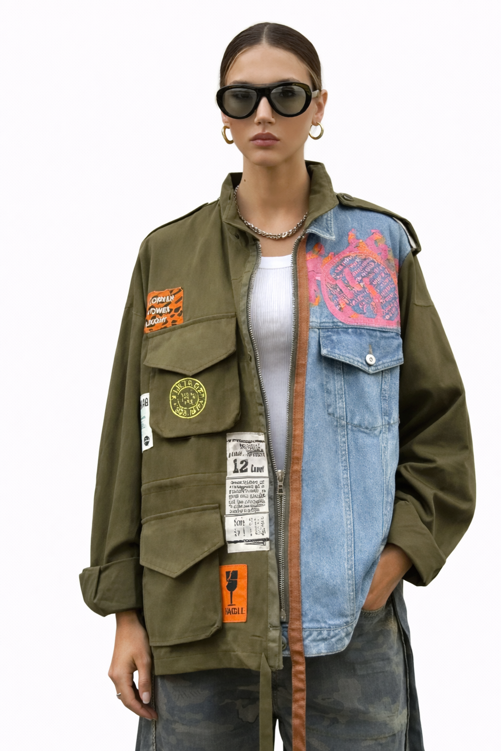 Veste Militaire Patchwork Kaki et Denim Badges
