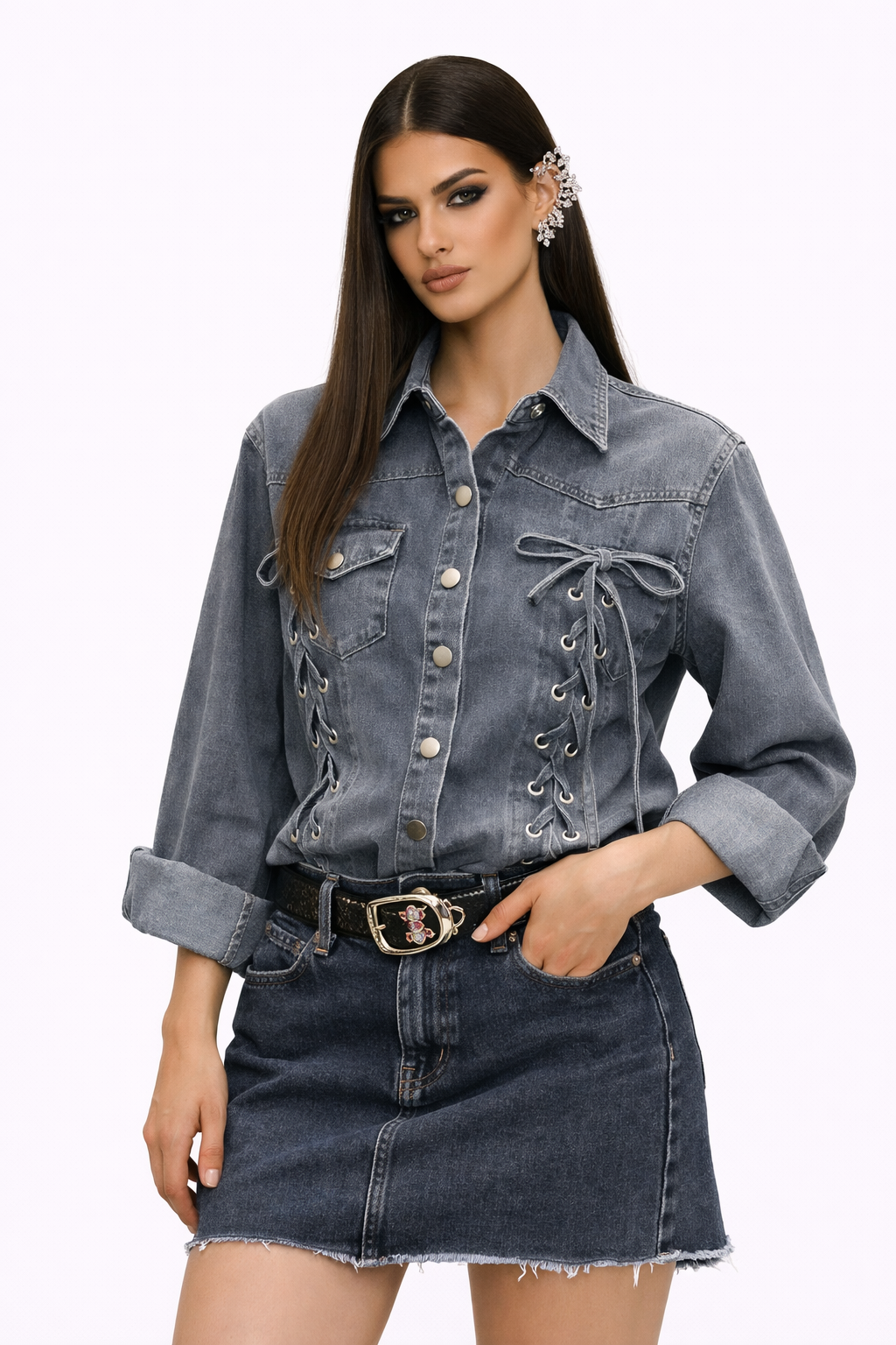 LACED REVERIE — Chemise Denim Lacée Grise