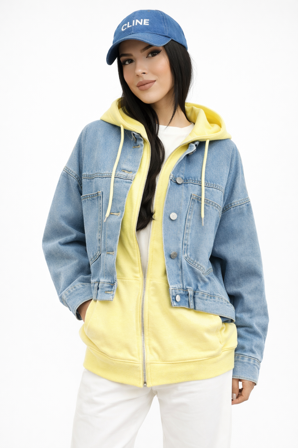 Veste en jean clair avec sweat intégré jaune