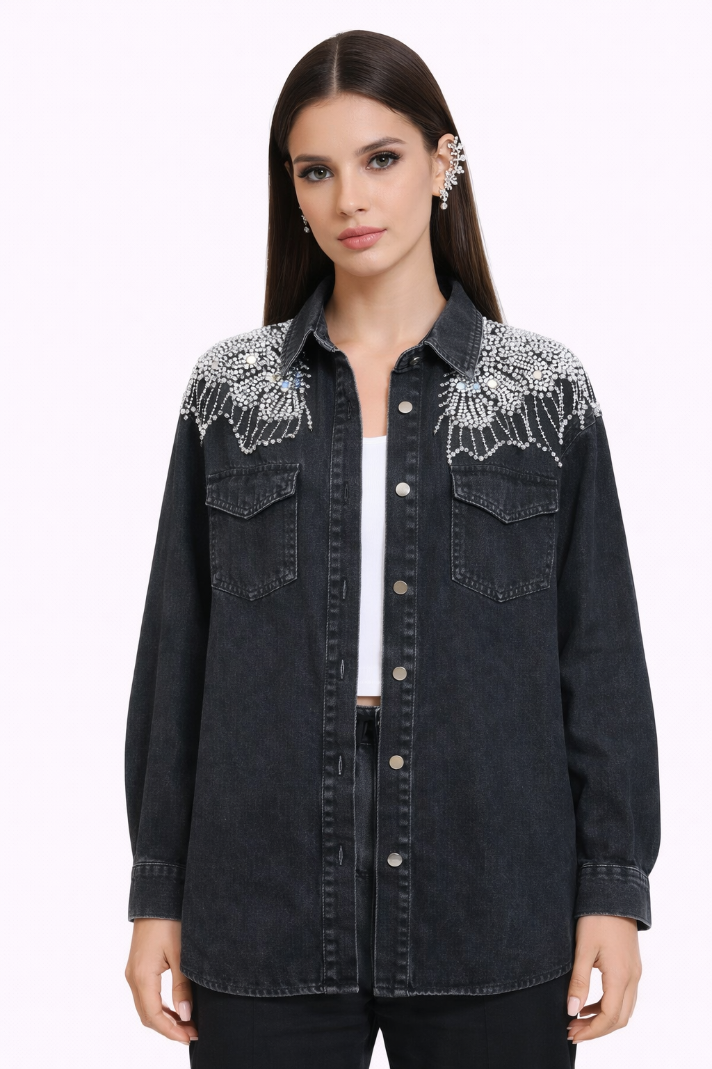 ONYX — Chemise Denim Noir Strass Western