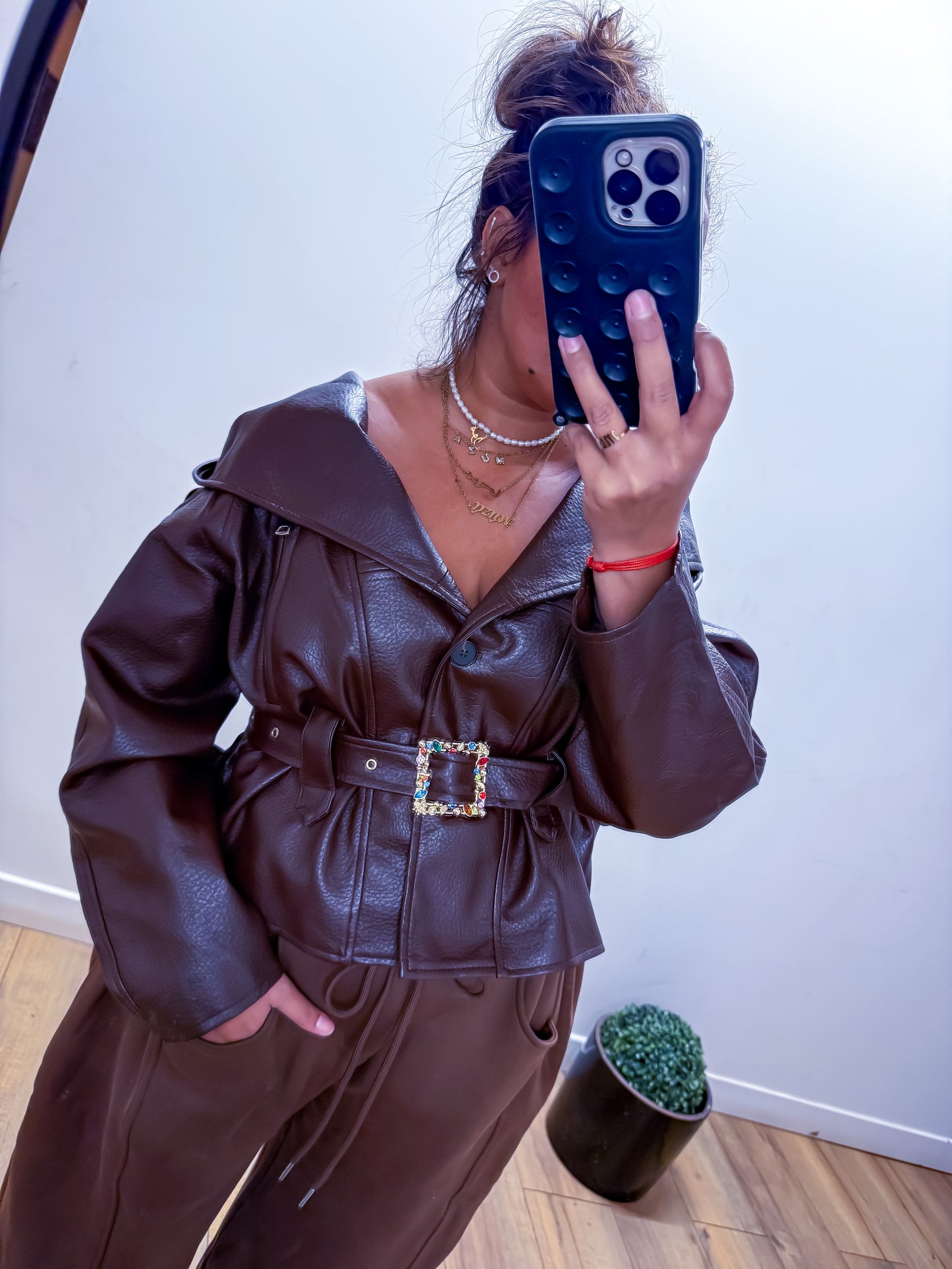 Veste Simili Cuir a capuche ceinturé