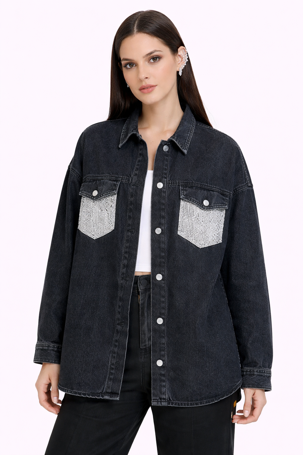 MIDNIGHT — Surchemise Denim Noir Poches Strass