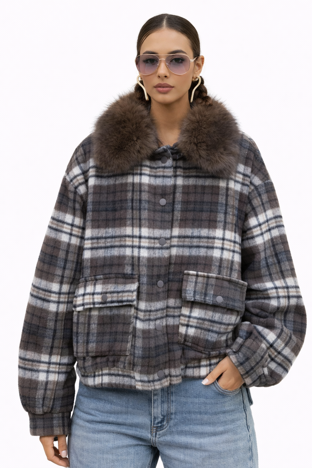 Manteau Carreaux Vintage Col Fausse Fourrure