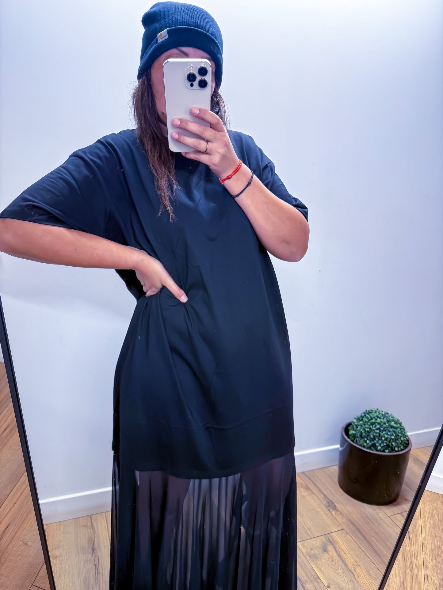 Robe Tee-Shirt Oversize Noire Jupe Plissée