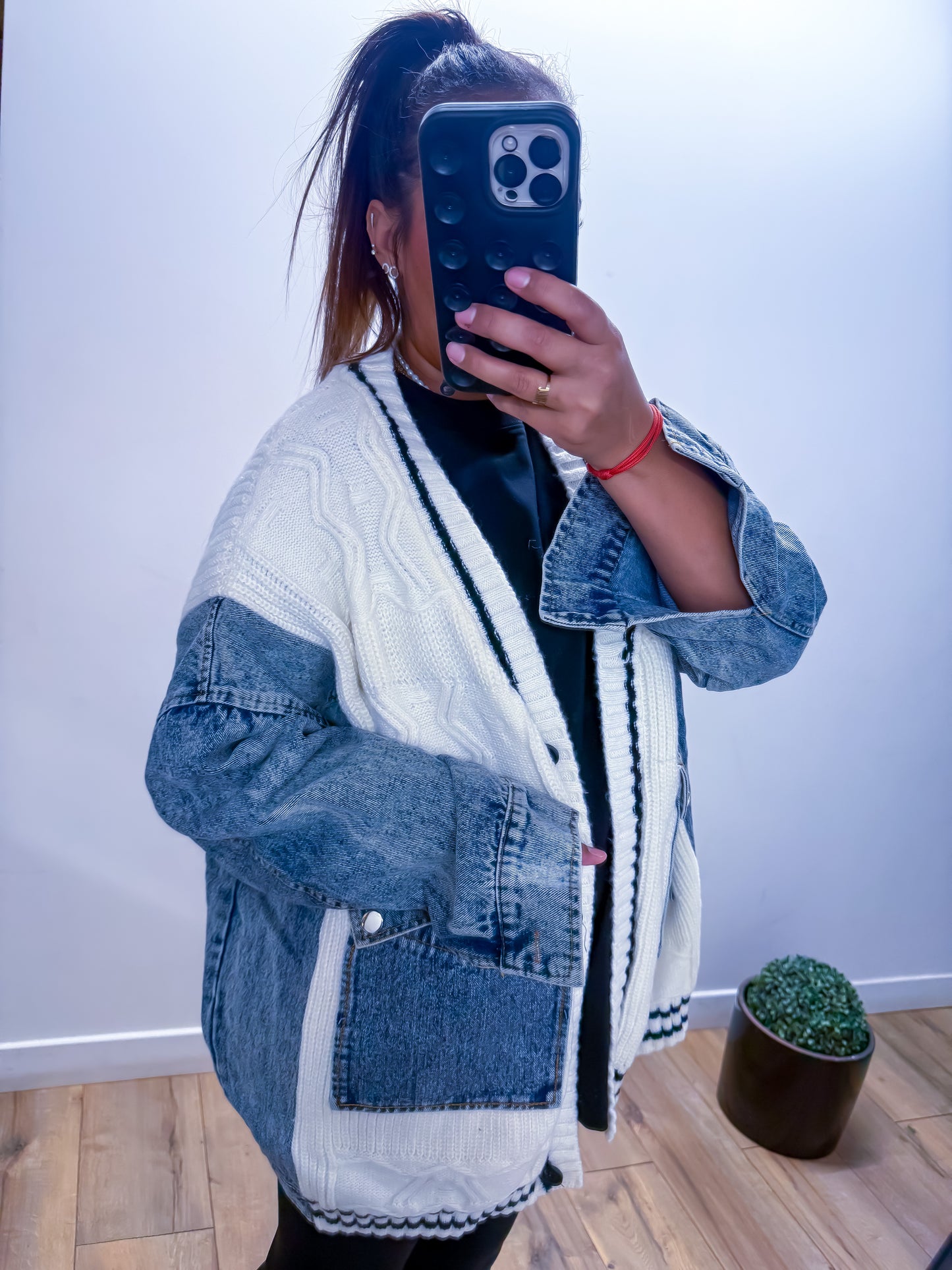 Veste gilet grosse maille jean blanc