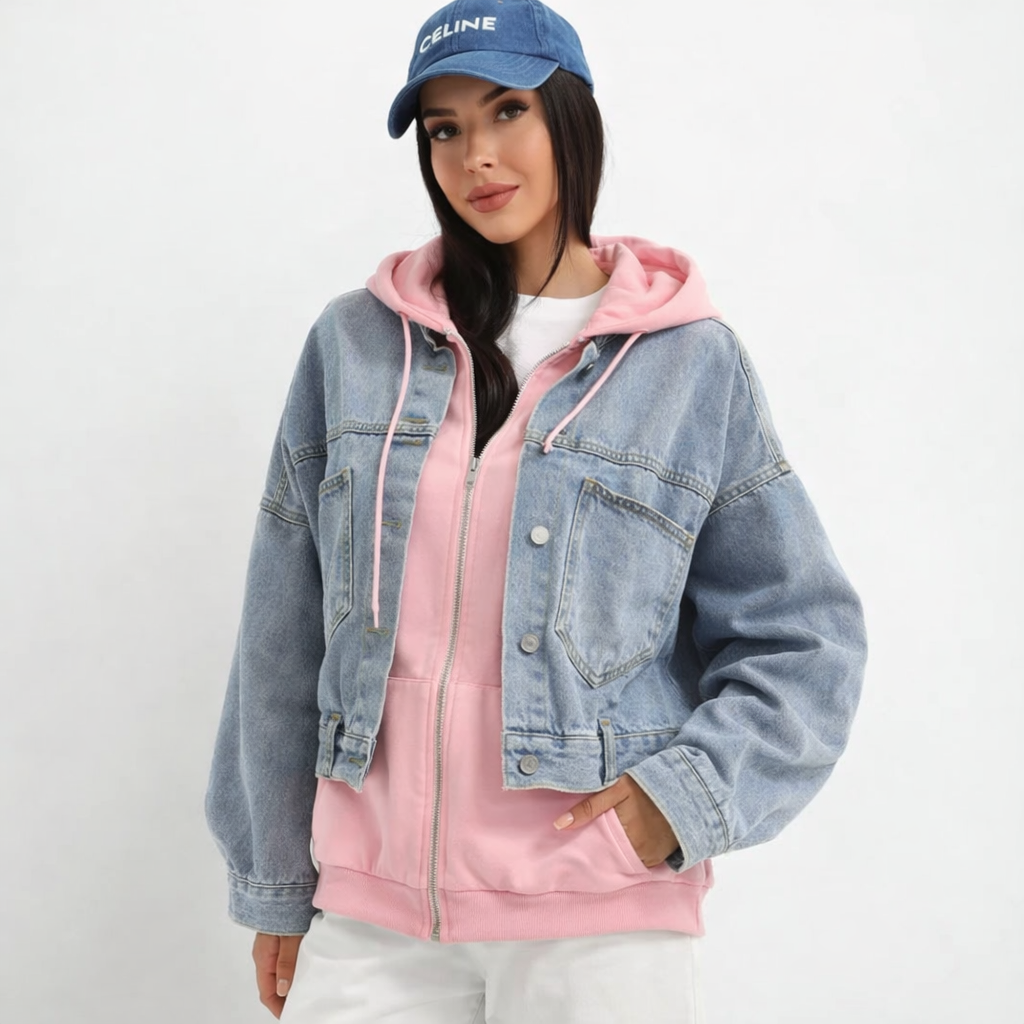 Veste en jean clair avec sweat intégré rose