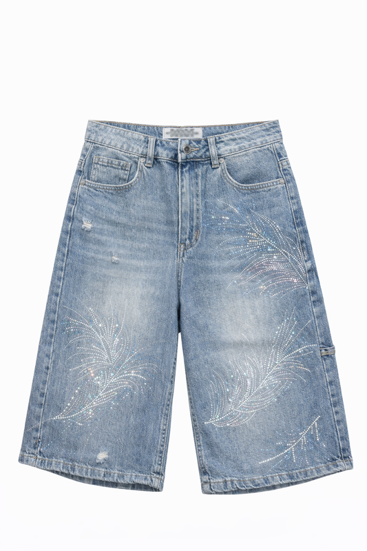 TROPIQUE — Short Denim Strass Palmiers