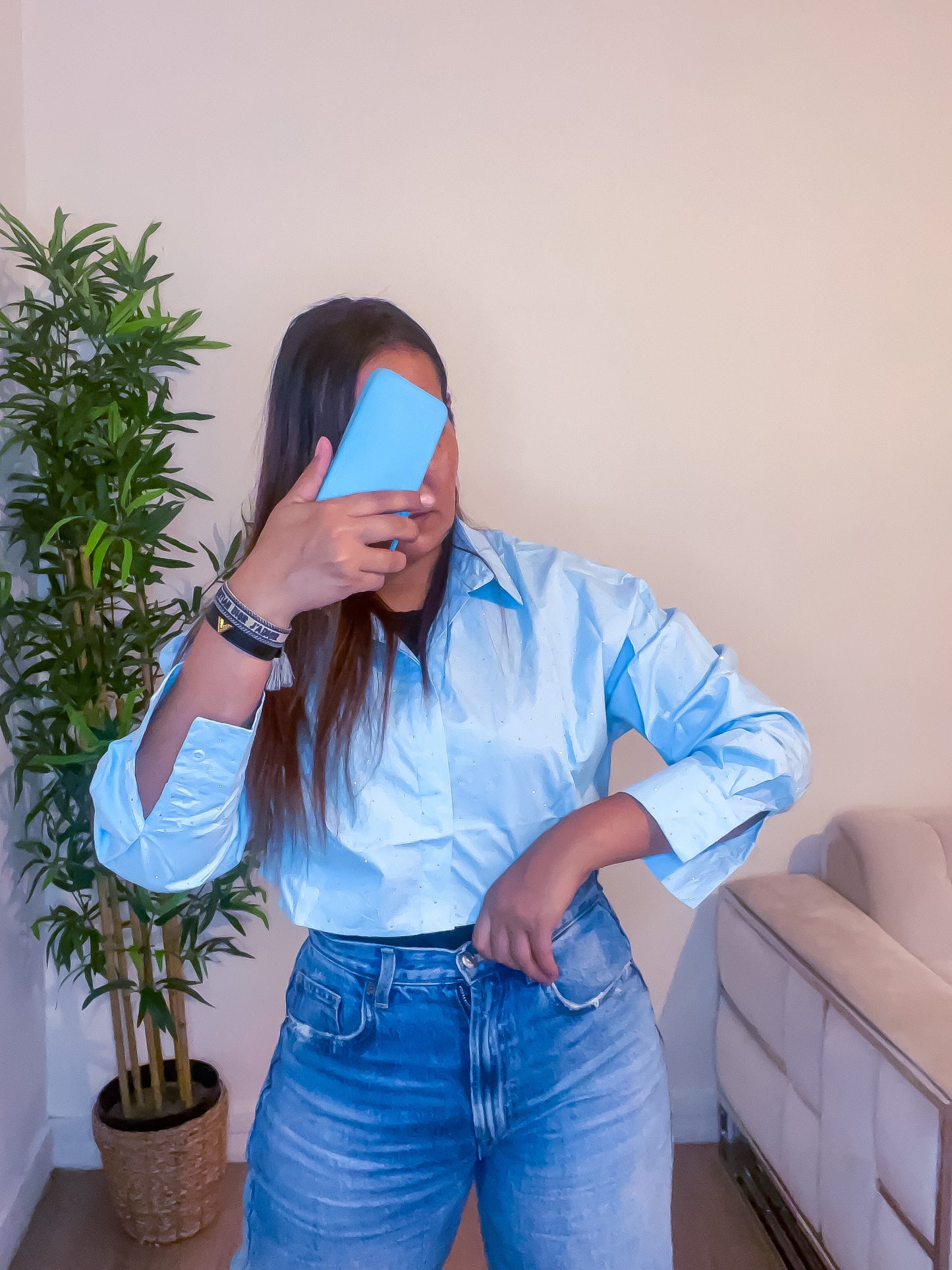 chemise crop top a strass bleu