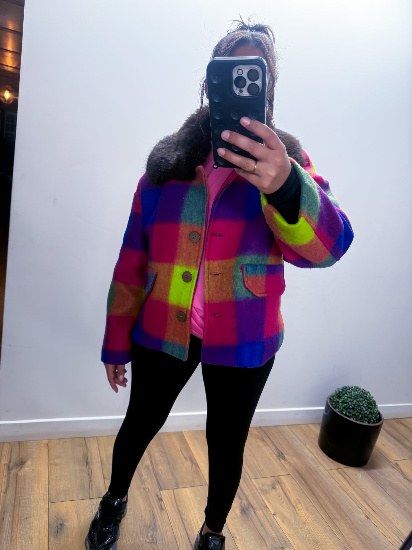 Manteau arlequin avec col fourrure synthétique