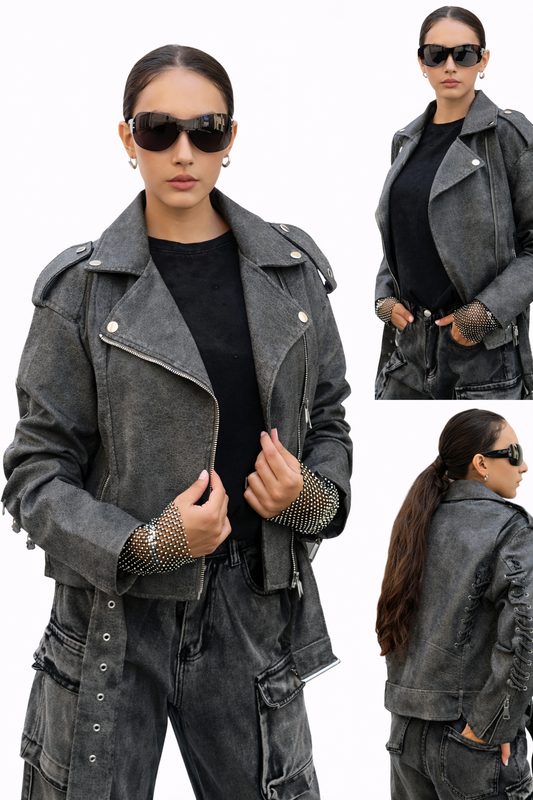 Perfecto Simili Cuir Gris Détails Lacets