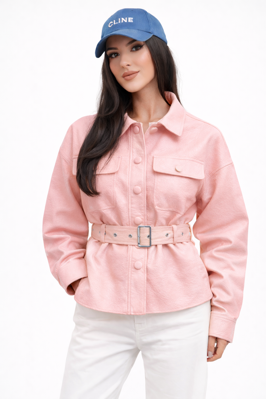 Veste simili cuir rose avec ceinture
