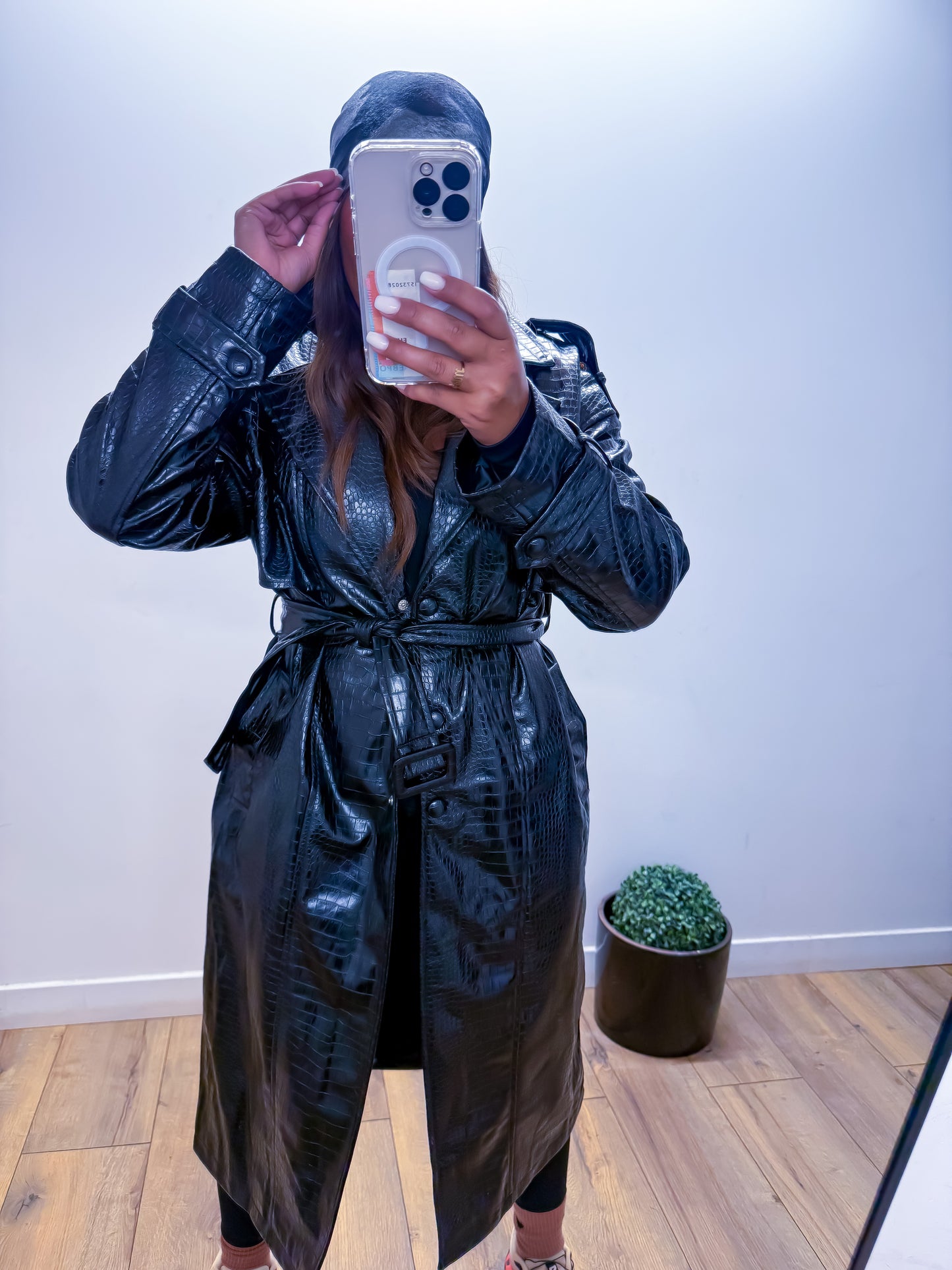 Trench Long Python Ciré Noir -