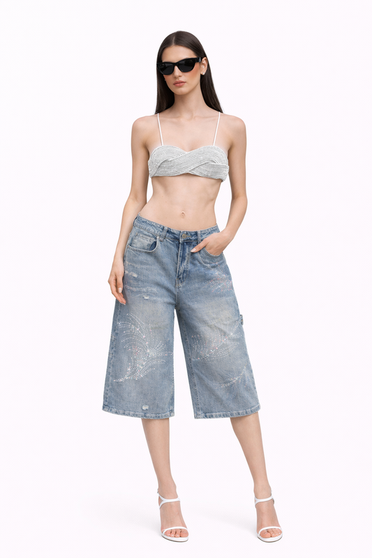 TROPIQUE — Short Denim Strass Palmiers