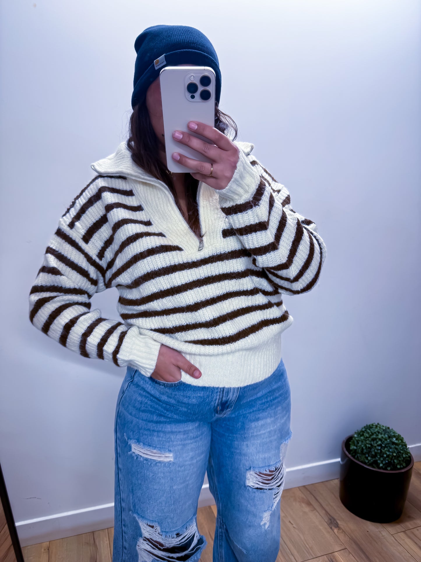 Pull Zébré Blanc et Marron Col Zippé