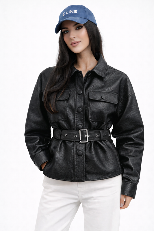 Veste simili cuir noir avec ceinture