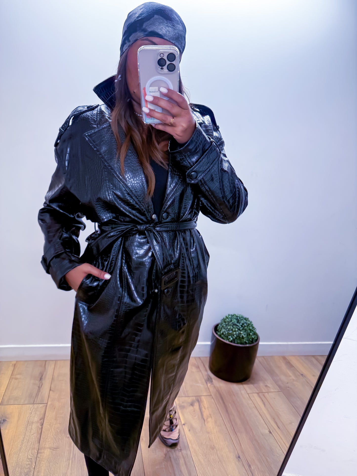 Trench Long Python Ciré Noir -