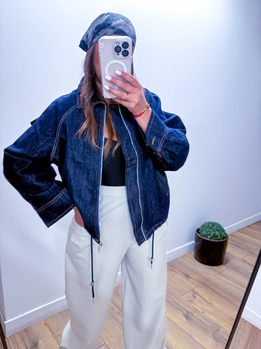 Veste en jean ballon DALAZ surpiqûre marron - EXCLUSIVITÉ Mûzâ paris