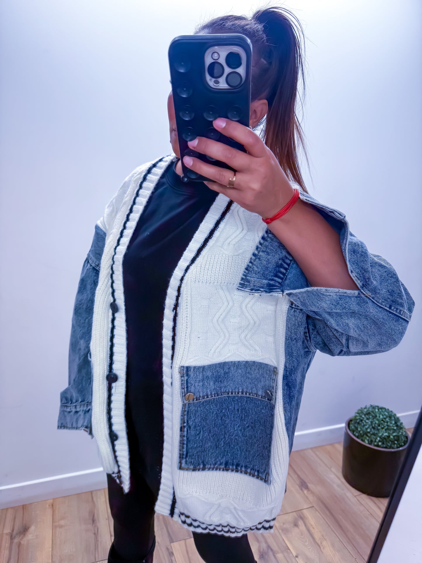 Veste gilet grosse maille jean blanc