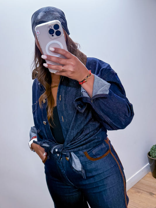 Chemise en jean OVERSIZE col velours marron - EXCLUSIVITÉ Mûzâ paris