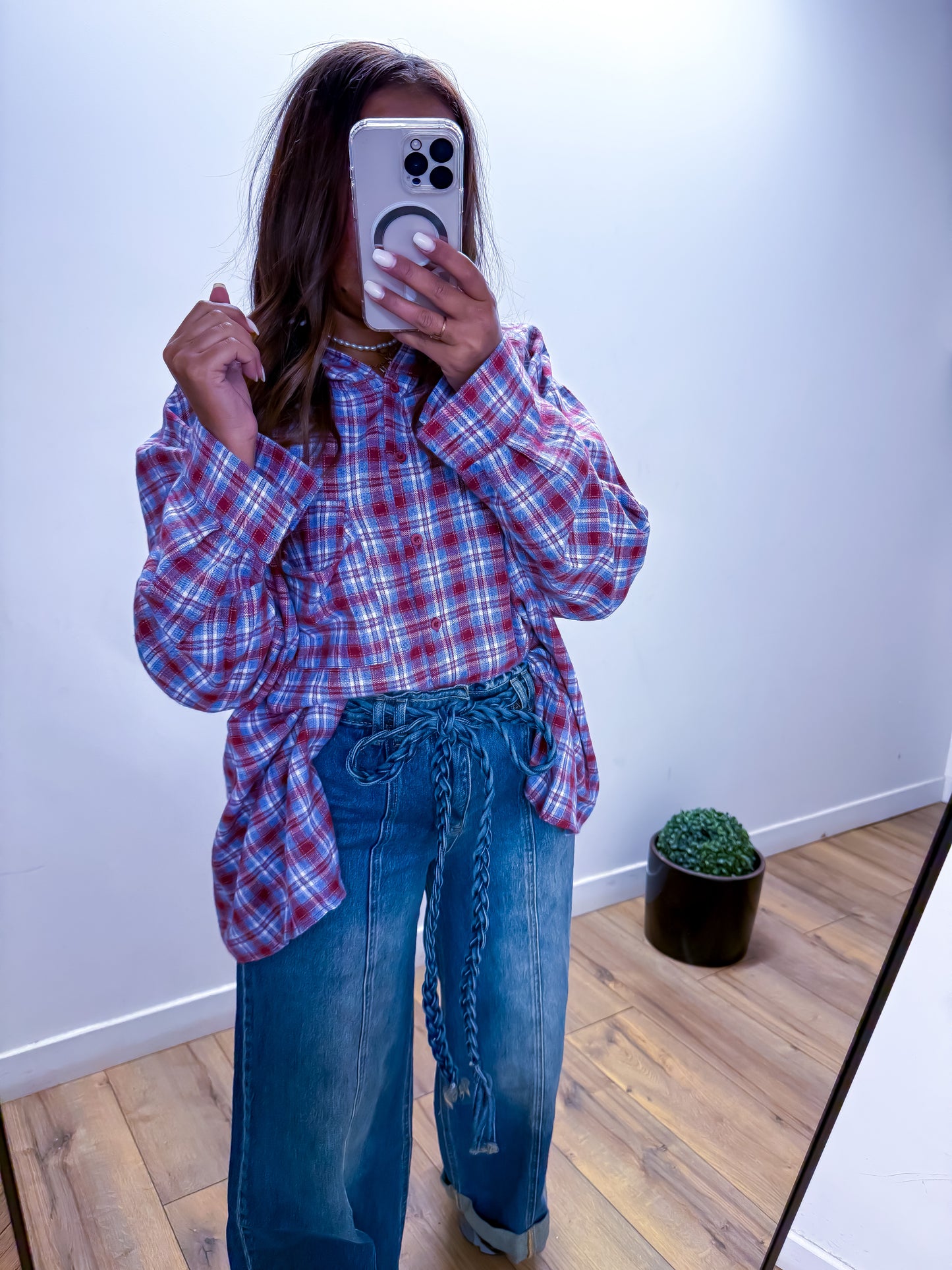 Chemise à carreaux oversize bordeaux et bleue capuche exclusivité Mûzâ