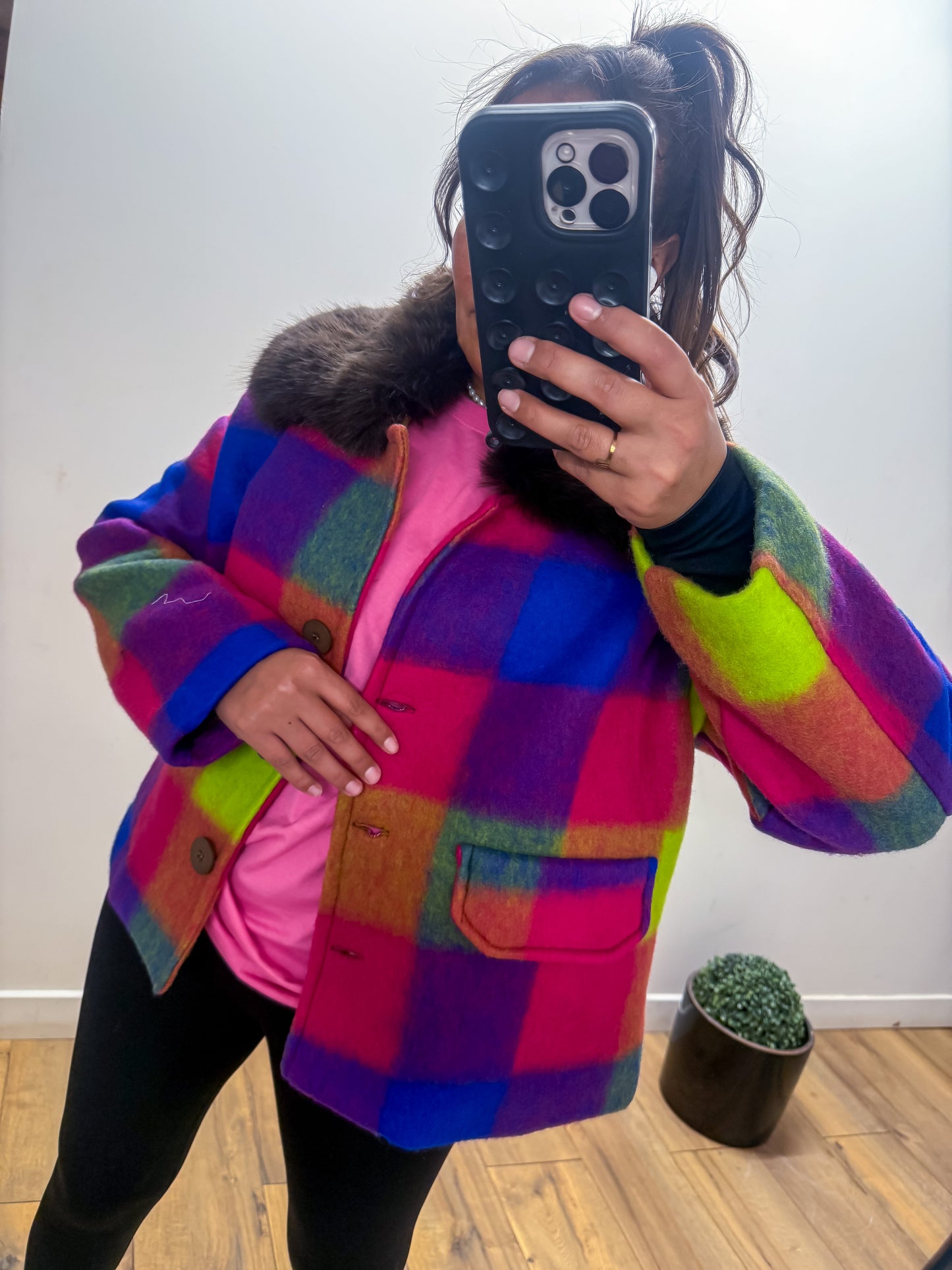 Manteau arlequin avec col fourrure synthétique