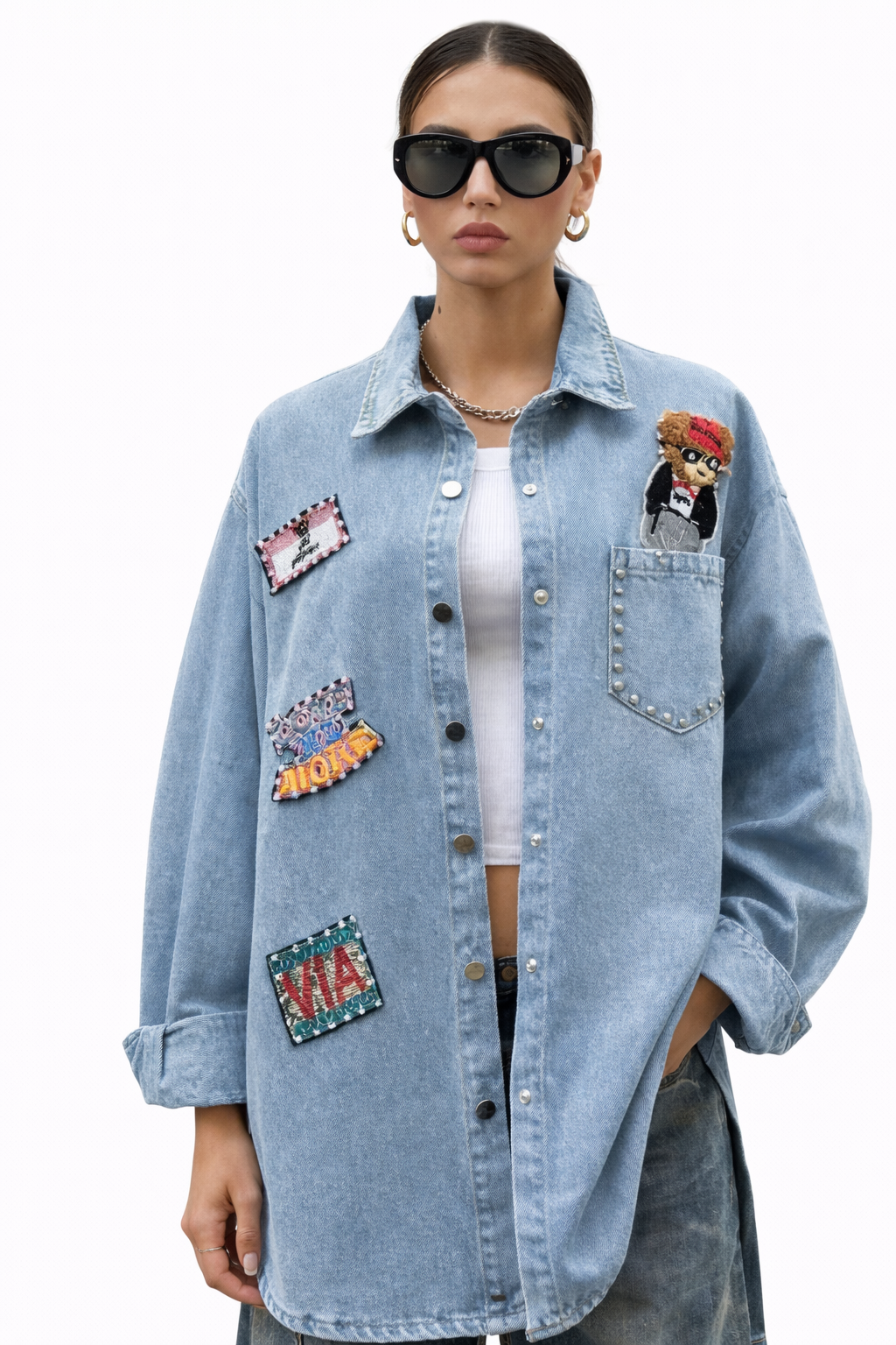 Chemise Oversize Jean Bleu Clair Patchs Strass