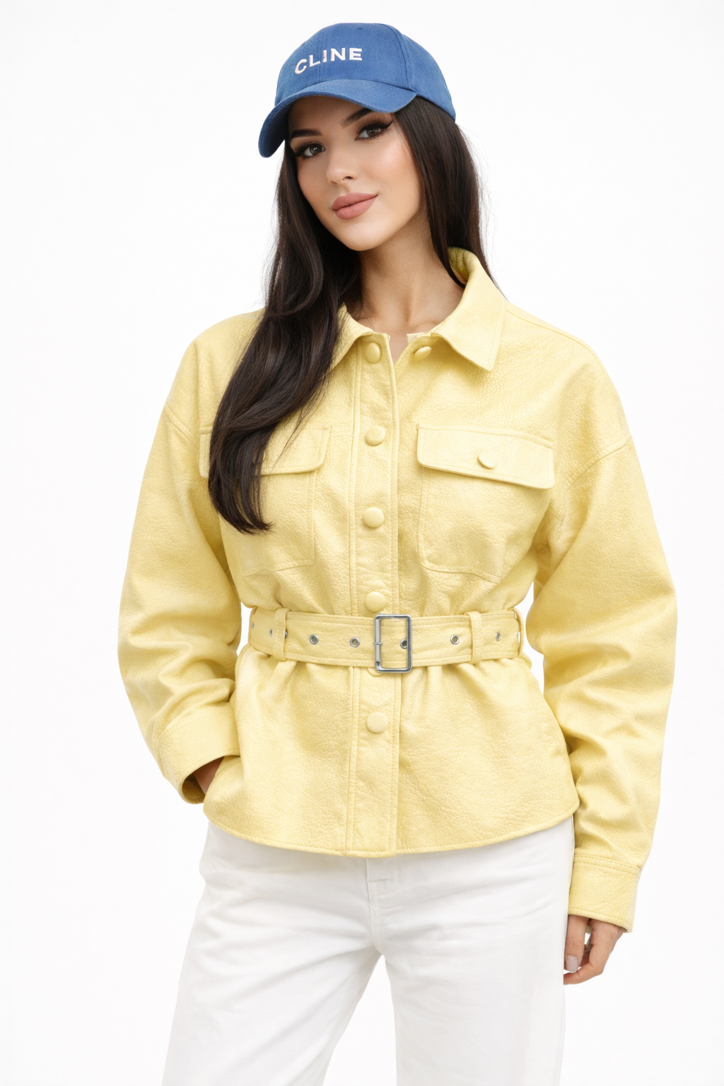 Veste simili cuir jaune avec ceinture
