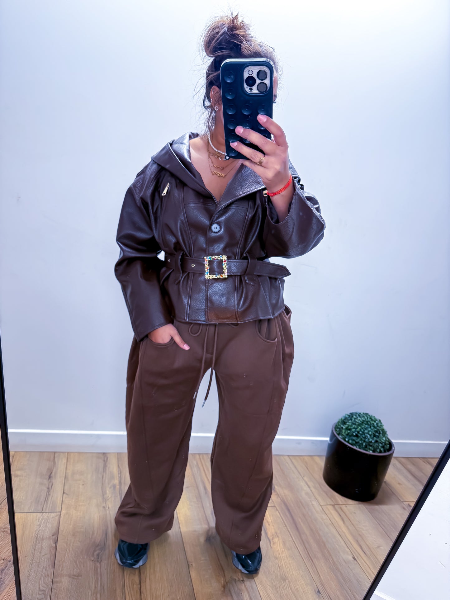 Veste Simili Cuir a capuche ceinturé