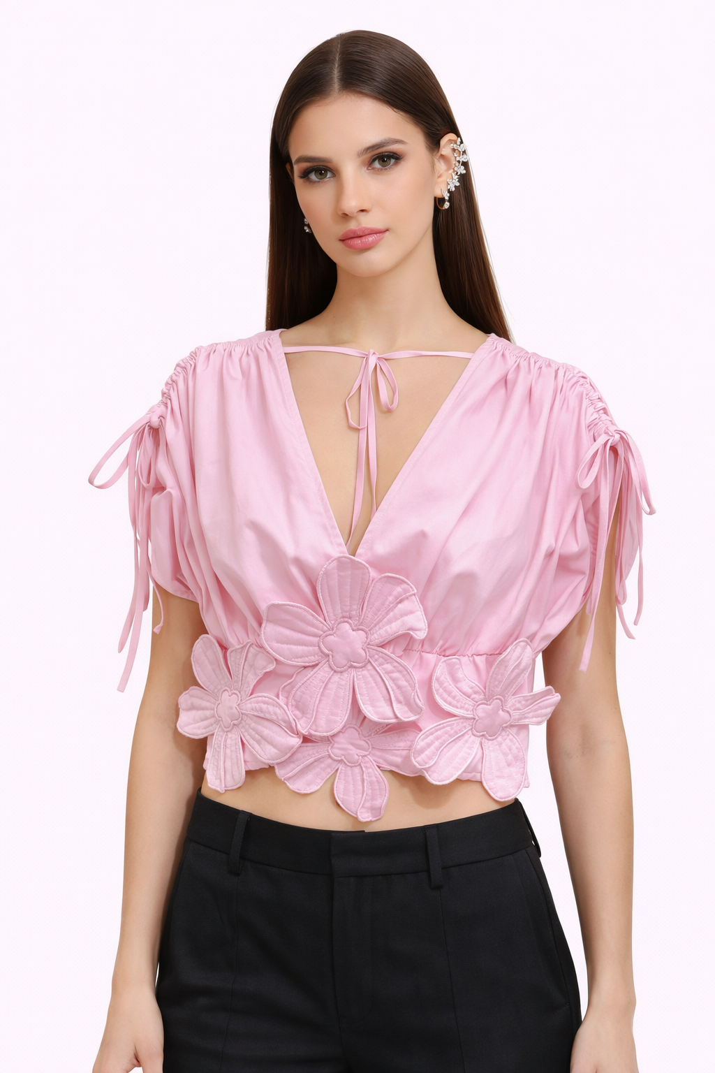 ROSÉE — Top Satin Rose Fleurs 3D