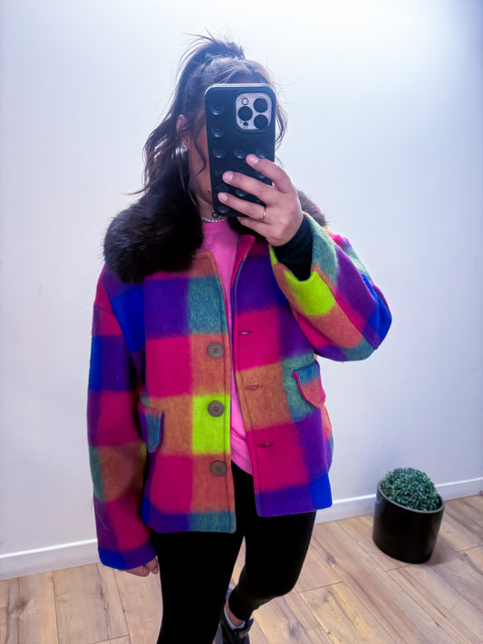 Manteau arlequin avec col fourrure synthétique