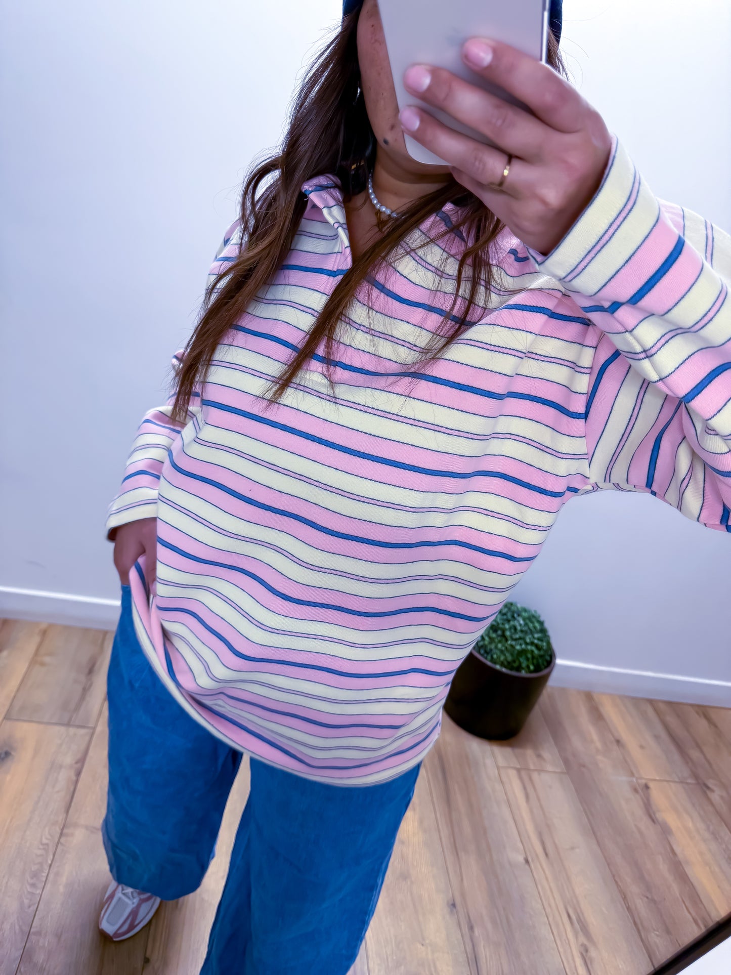 Pull RAYURE rose polaire col chemise