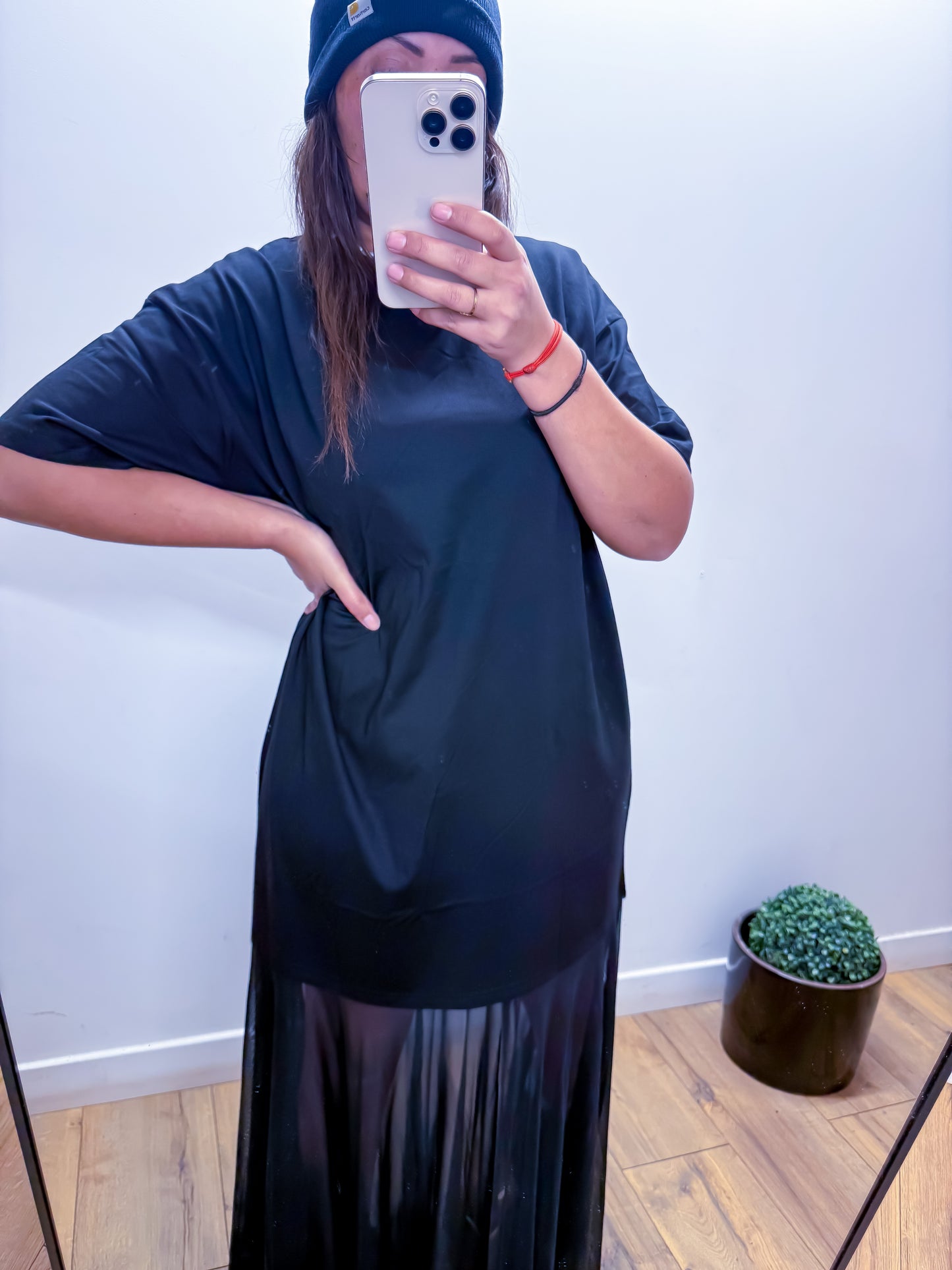 Robe Tee-Shirt Oversize Noire Jupe Plissée