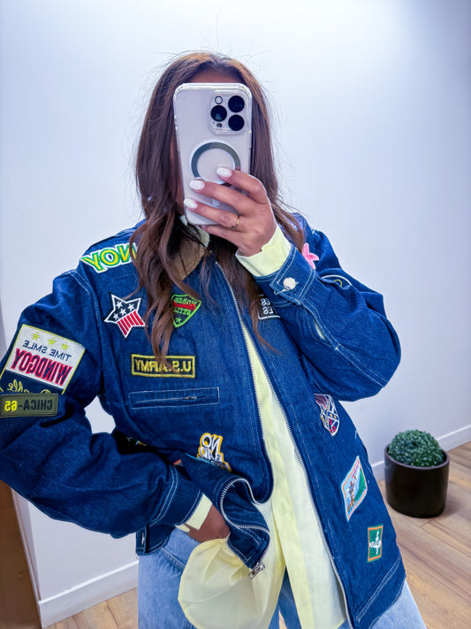 Veste Jean Brut Col Daim Patchwork - Exclusivité Mûzâ