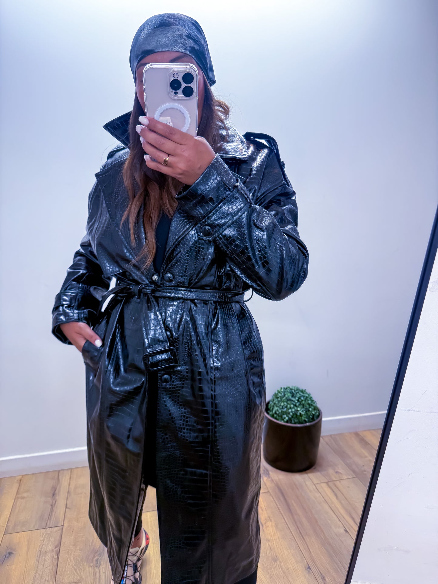 Trench Long Python Ciré Noir -