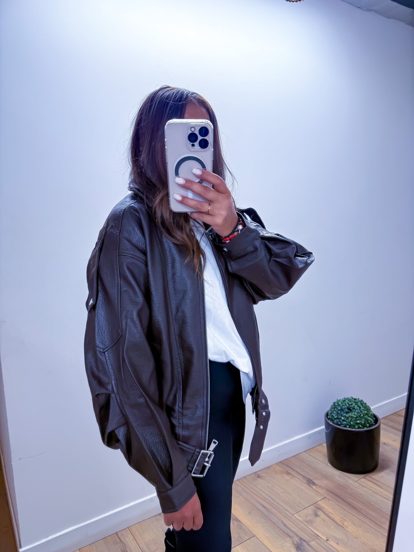 Veste motard bombée simili cuir marron exclusivité Mûzâ