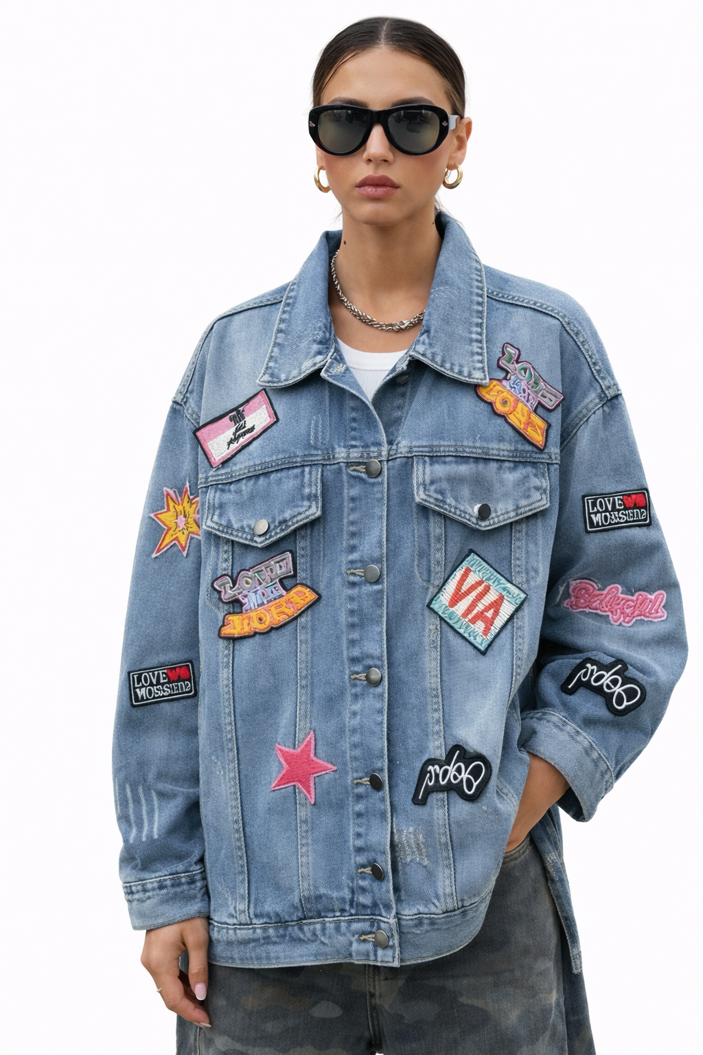 Veste Jean Bleu Délavé Patchs Brodés