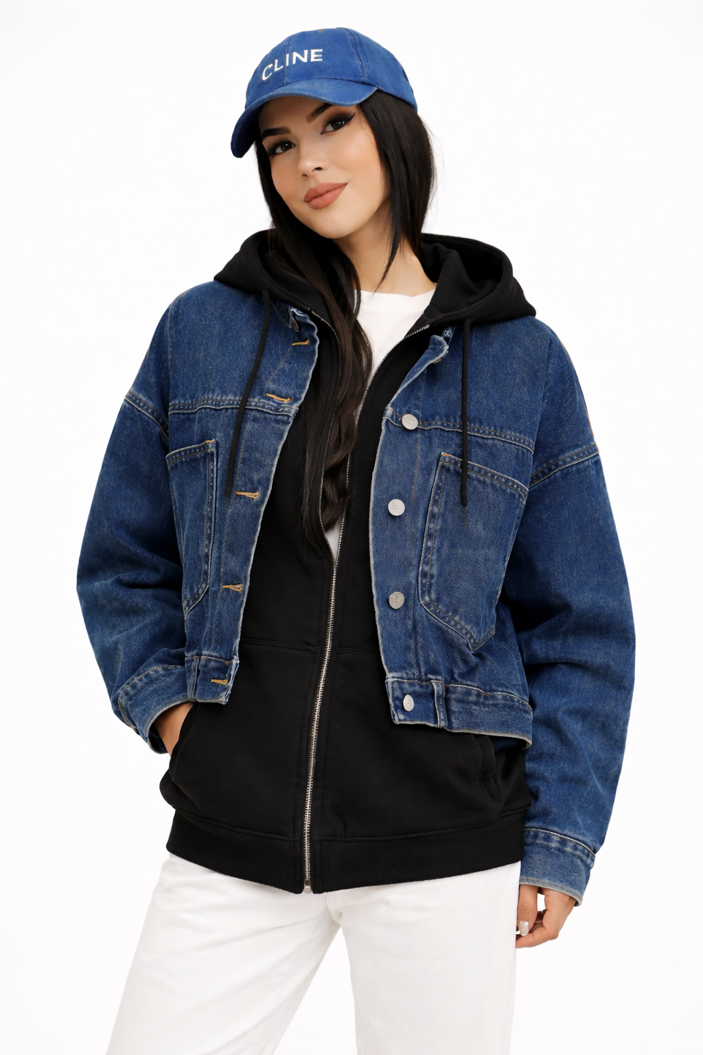 Veste en jean brut avec sweat intégré noir