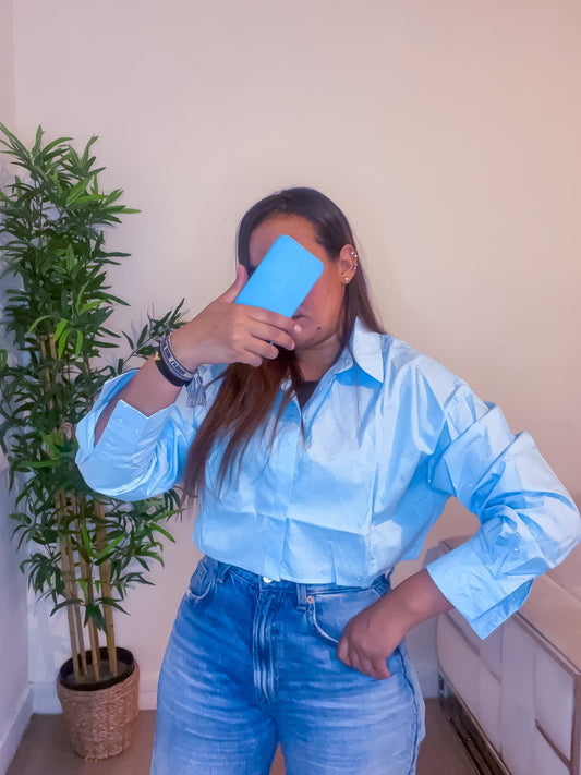 chemise crop top a strass bleu