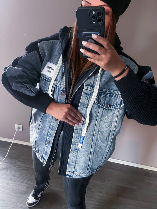 Veste jean et maille noir a capuche