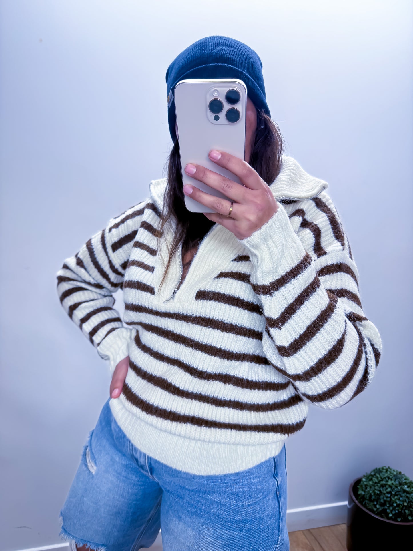 Pull Zébré Blanc et Marron Col Zippé