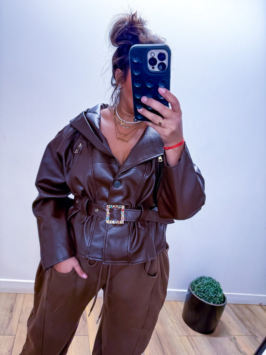 Veste Simili Cuir a capuche ceinturé