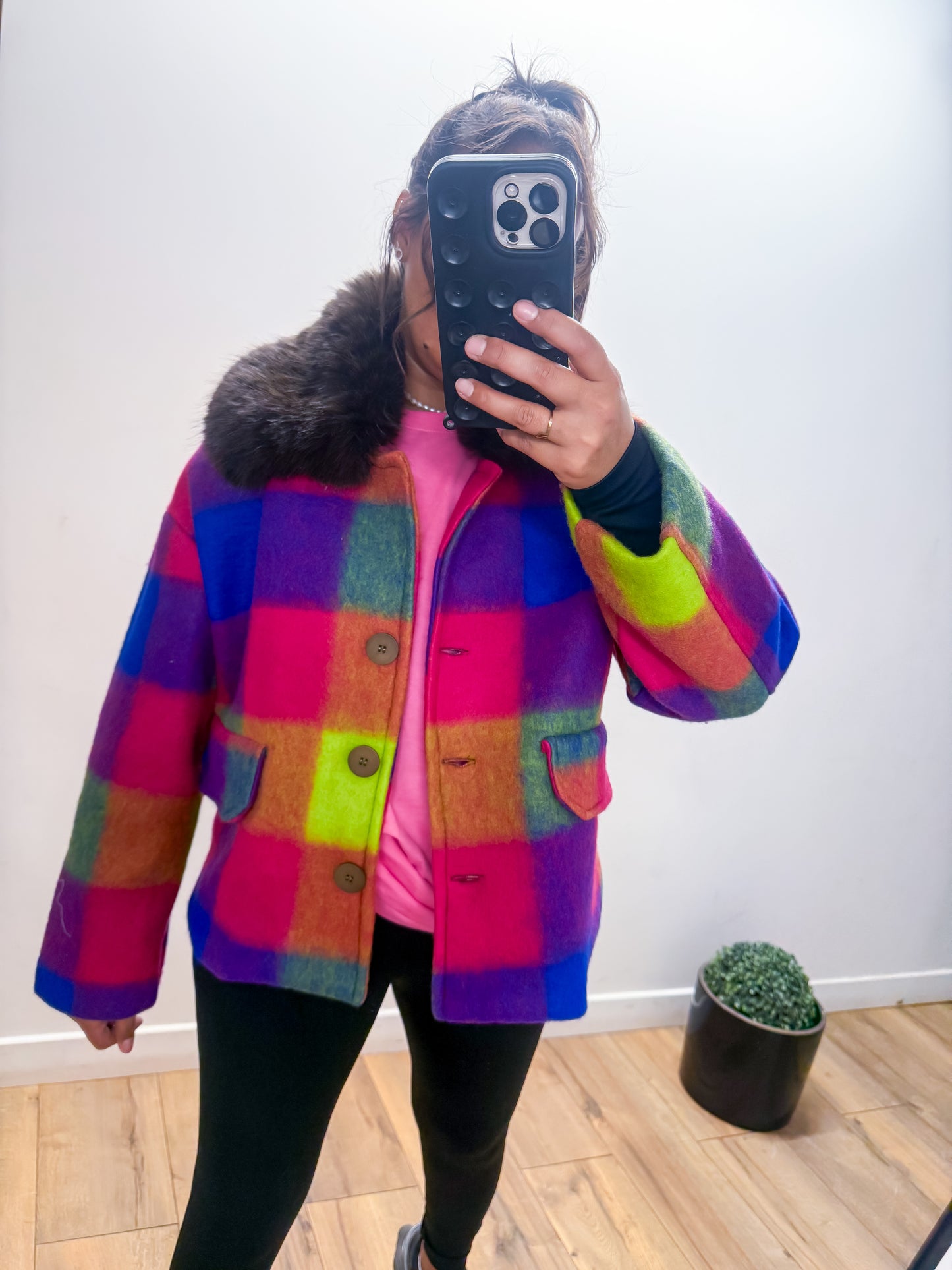 Manteau arlequin avec col fourrure synthétique