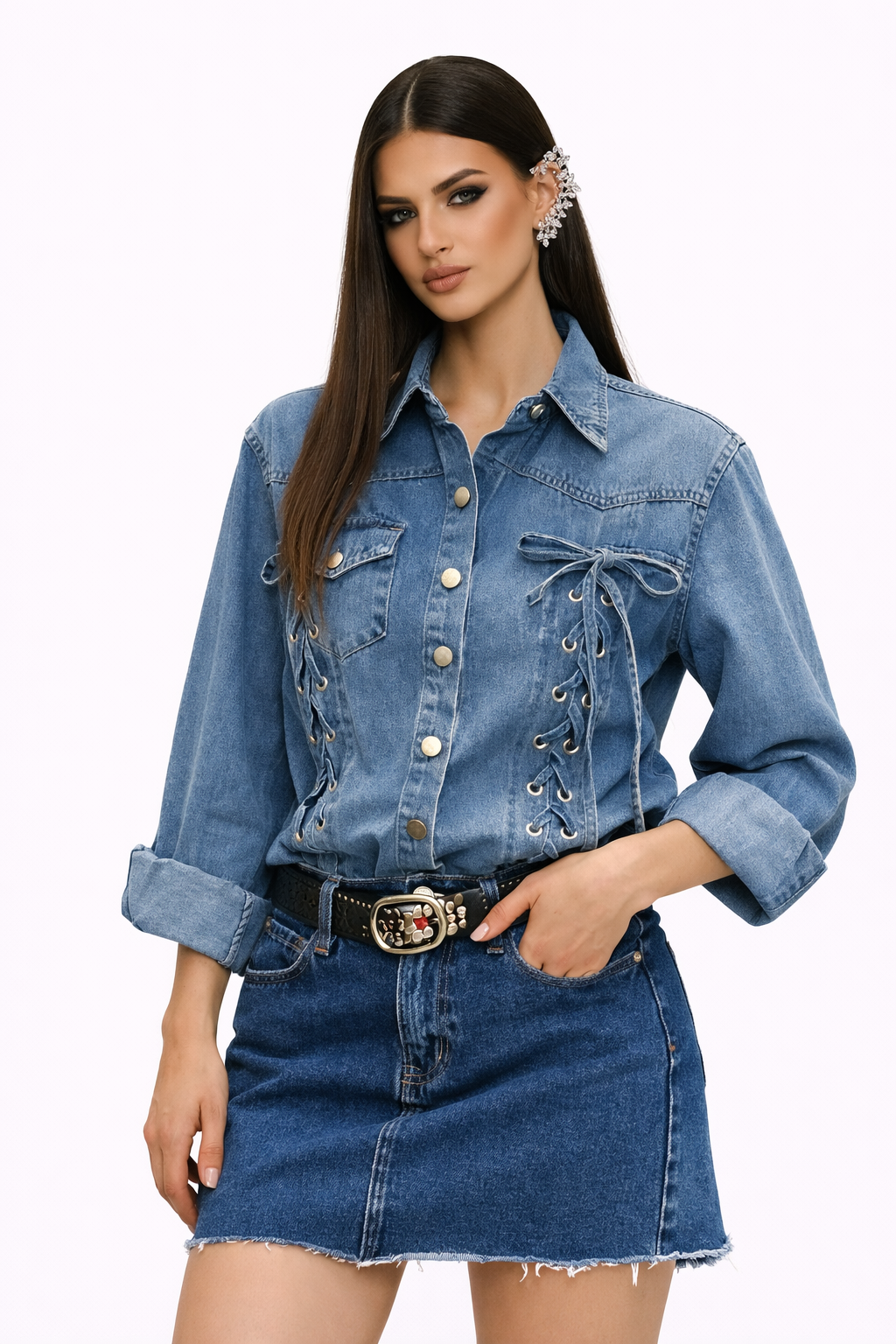 LACED REVERIE — Chemise Denim Lacée bleu jean