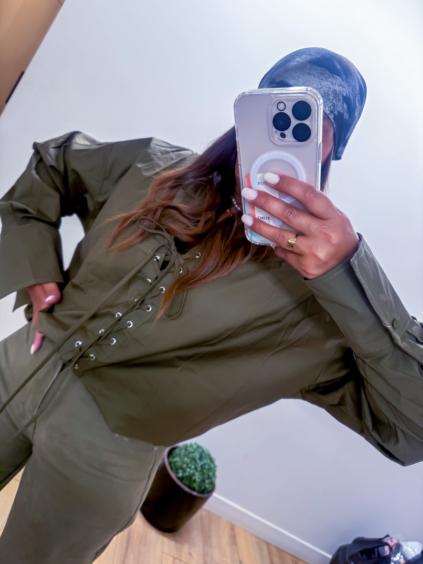 Chemise Oversize Kaki à Lacet -