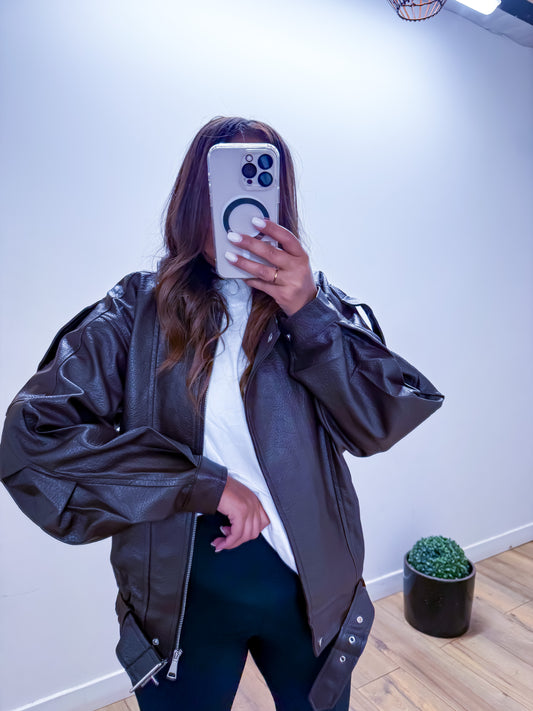 Veste motard bombée simili cuir marron exclusivité Mûzâ